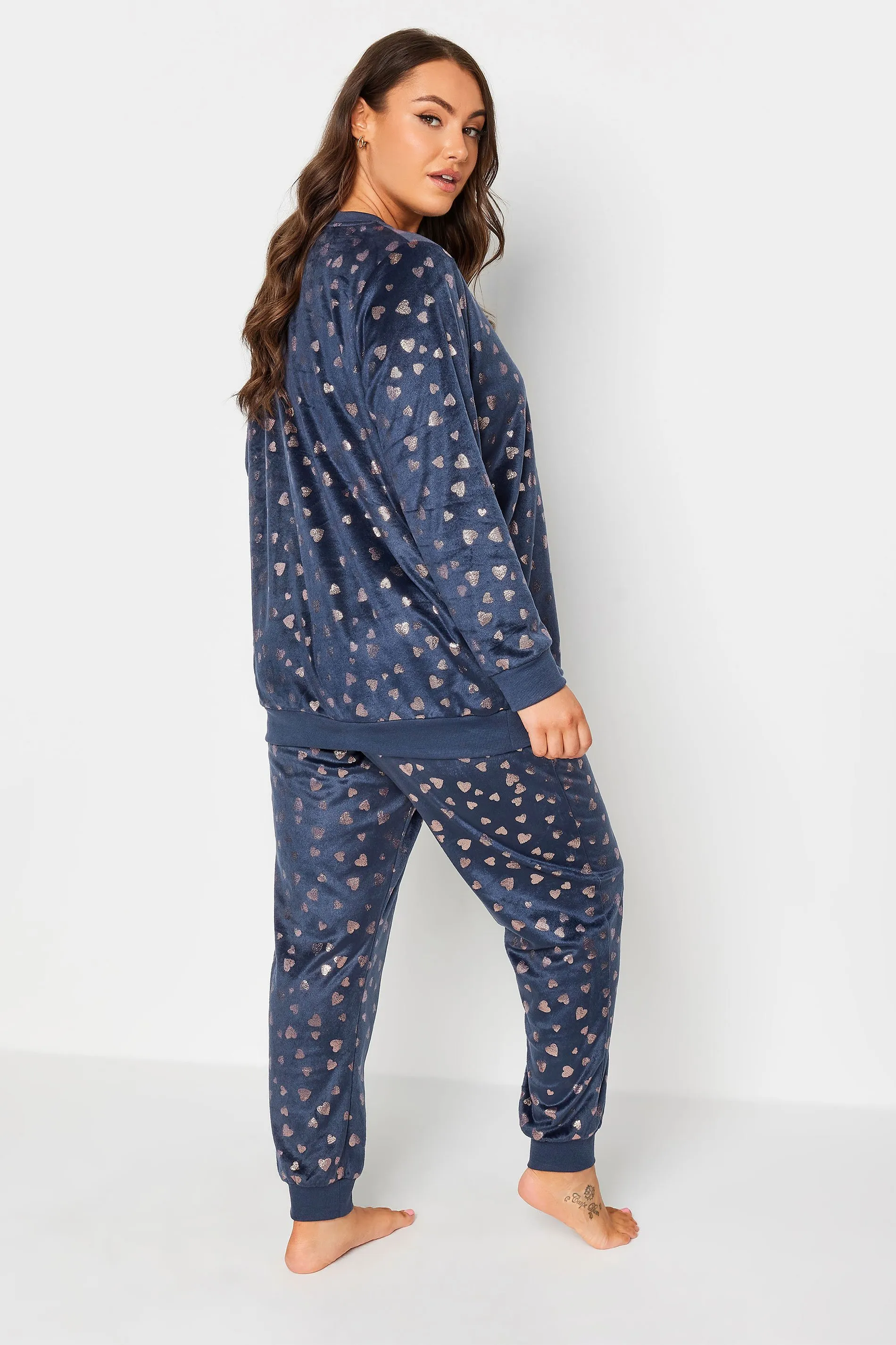 YOURS Curve Navy Blue Foil Heart Print Fleece Lounge Set