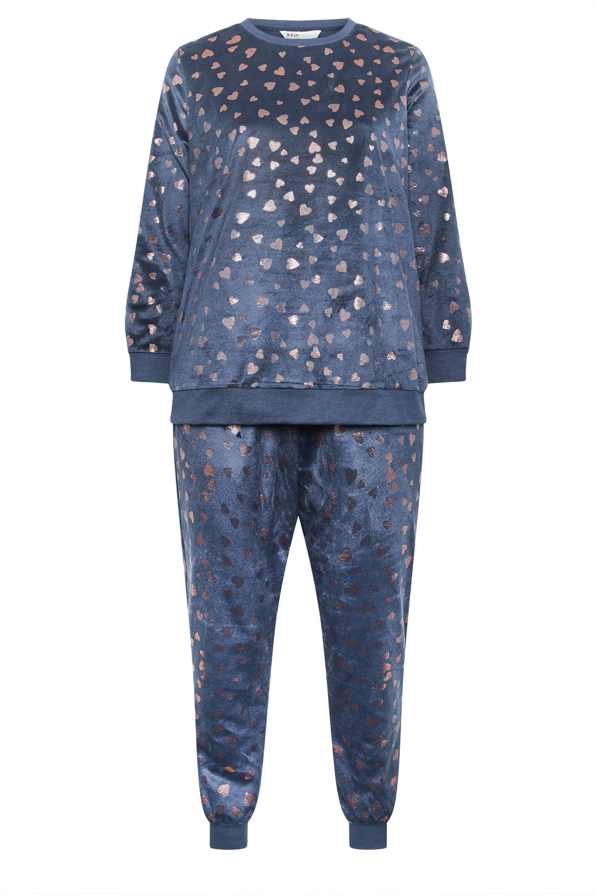 YOURS Curve Navy Blue Foil Heart Print Fleece Lounge Set